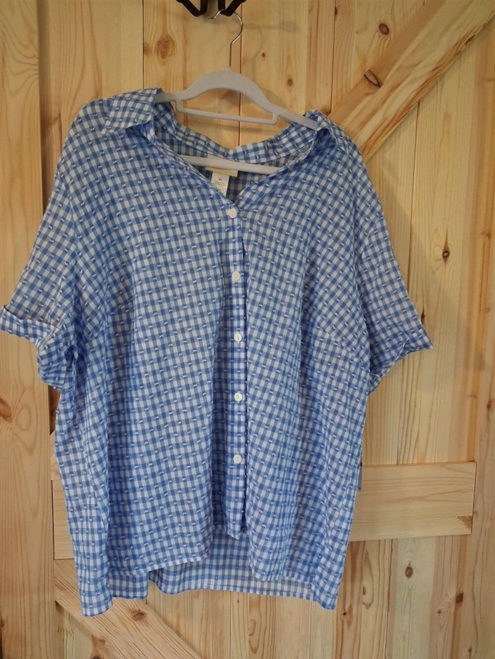 Alfred Dunner 3X Blue Gingham Button Front Blouse Short Sleeve Cotton Top NWT